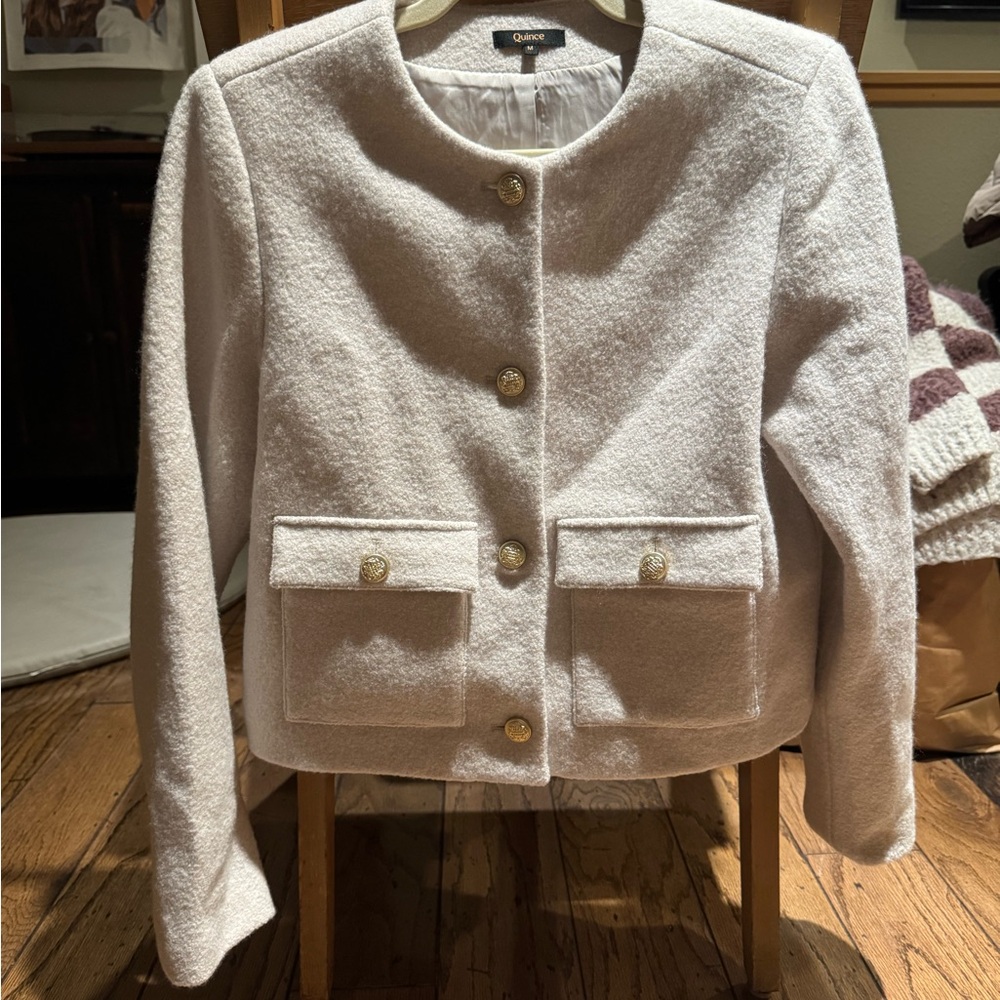 Quince 100% Merino Wool Textured Blazer with Gold Buttons. Medium